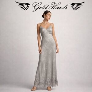 NWT Gold Hawk Maxi Silk & Lace Trimmed Slip Dress In Steeple Grey Size Small
